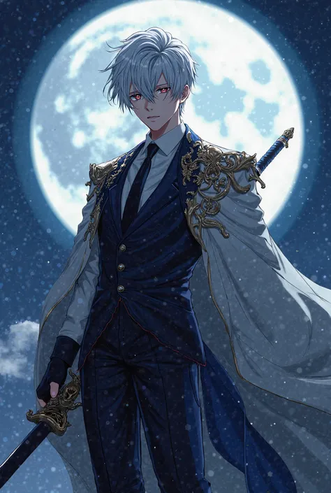 The anime character is a very luxurious man with white hair, carries a sword and wins victory to the moon and wears a combat costume