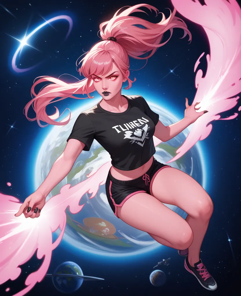 Girl with pink skin, pink skin color, dark pink hair, ponytail hair, ponytail with bangs, black lipstick, Red eyes, glowing eyes, Black nails, black t-shirt, Black clothes, legging shorts, pink Energy, pink aura, flying, space, flying through Space, seriou...