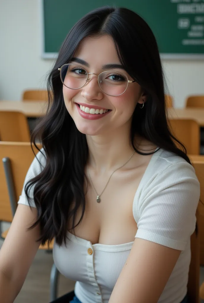  She is sitting in a classroom chair  , with the posture of a teacher  ,  and wearing the glasses of a sexy teacher - Top quality, realistic details,  wearing the same clothes ,  shades of natural lighting , Consistency in the images , digital influencer, ...