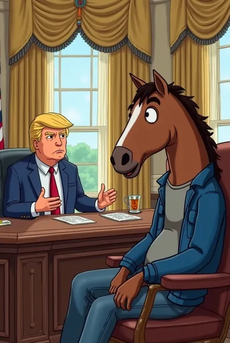 In the Oval Office of the White House, former President Donald Trump is sitting behind the iconic Resolute table, wears his signature blue suit and red tie. In front of you, in a leather chair, Is BoJack Horseman, the anthropomorphic horse from the famous ...