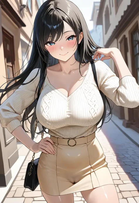 (best quality, masterpiece, ultra detailed, high resolution), Beautiful 8K CG artwork, Enriched photography, anatomically accurate body, depth of field,  1girl, elegant yet sexy girl, (long hair, black straight hair, swept bangs), 
round large breasts, bre...