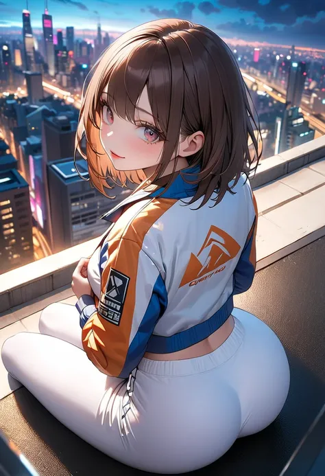 Straight Hair、Brown Hair,Medium Hair,((White Track Jacket＆White sweatpants)), Looks about , (beautiful girl: 1.3),1girl,Highest quality,8k,Highly detailed CG unit wallpaper,masterpiece:1.2,Highest quality,Ultra-high resolution,RAW Photos,Realistic textured...