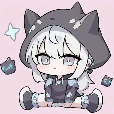 cute　 girl　 Silver Hair　 wearing a black hoodie that is 4 times the size of his head 　 spats　 and is wearing a hood　 light blue eyes　cute　Icon Image　The personification of Sacabambuspice