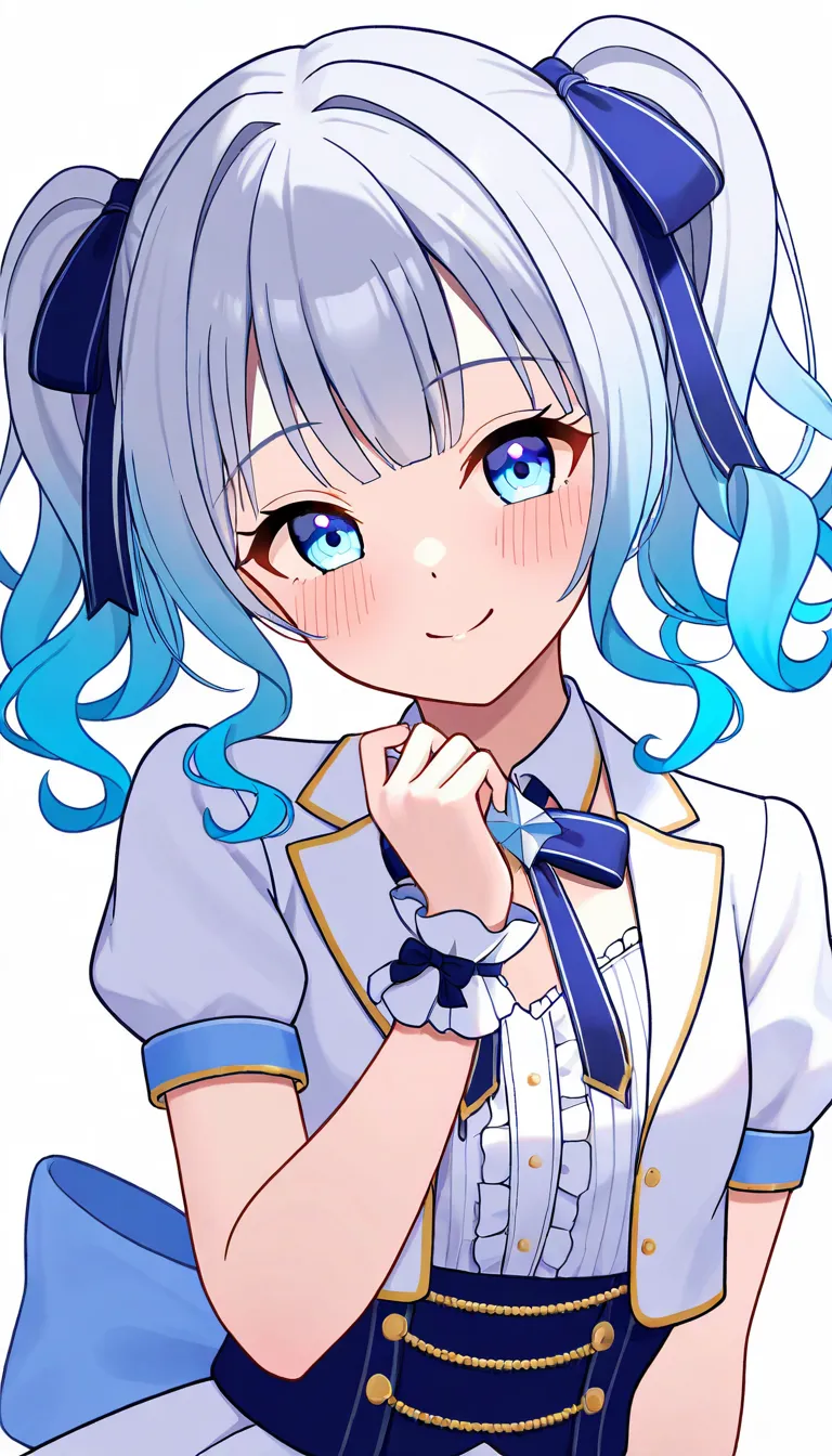 1 girl, 19yo, (smile:1.2), high twintails, short twintails, wavy hair, gradient hair, silver blue hair, light blue hair, light blue eyes,(white background), idol costume, large ribbon on the chest, dancing on stage