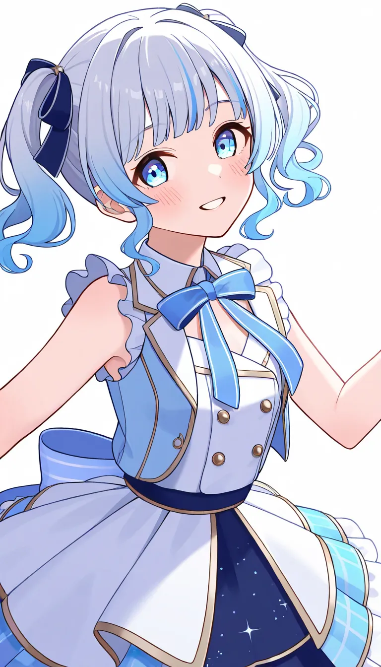 1 girl, 19yo, (smile:1.2), high twintails, short twintails, wavy hair, gradient hair, silver blue hair, light blue hair, light blue eyes,(white background), idol costume, large ribbon on the chest, dancing on stage