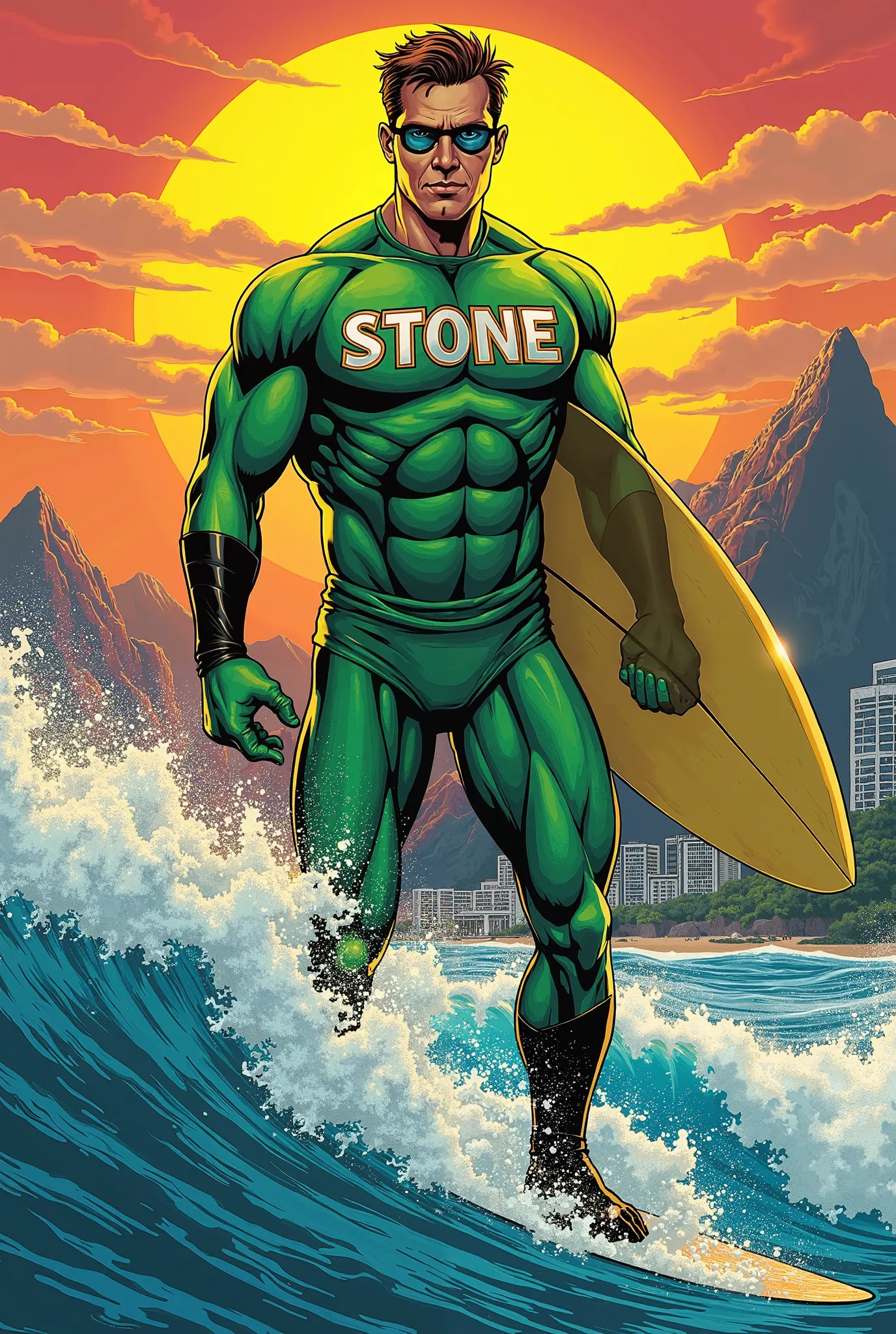 "A superhero surfer with an imposing look, wearing a vibrant green uniform with the word 'STONE' highlighted on his chest. He holds a surfboard as giant waves surround him. The background shows an epic sunset over mountains and a modern coastal city, Remem...