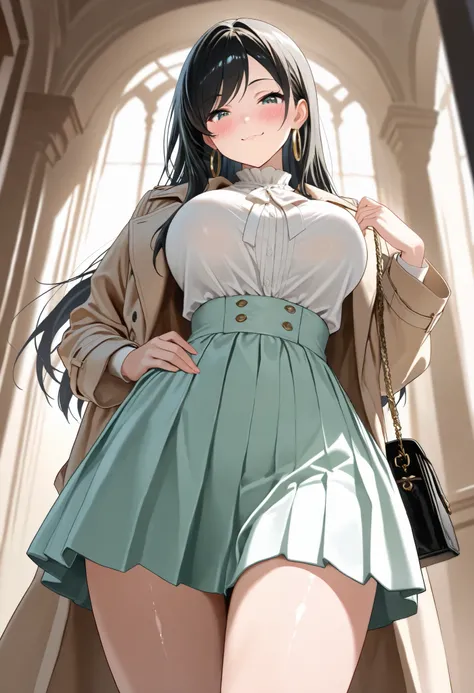 (best quality, masterpiece, ultra detailed, high resolution), Beautiful 8K CG artwork, Enriched photography, anatomically accurate body, depth of field,  1girl, elegant yet sexy girl, (long hair, black straight hair, swept bangs), 
round large breasts, bre...