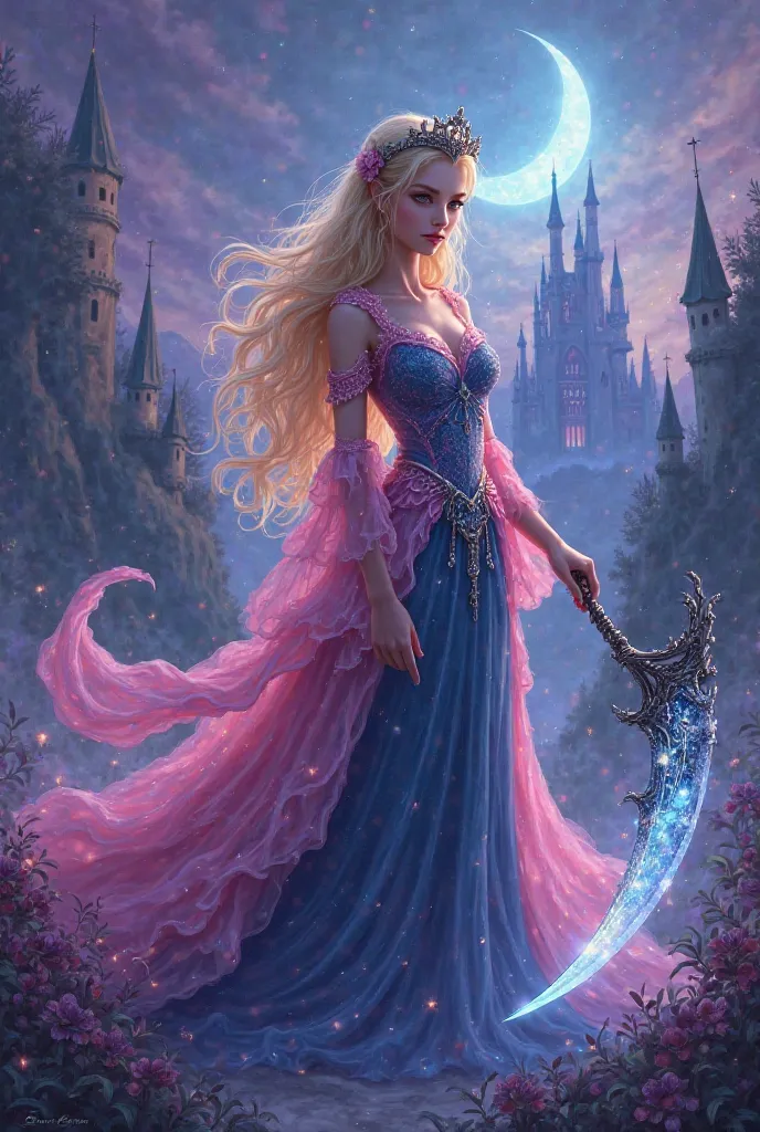 Create a semi-realistic, cartoon style, character design, super detailed, fantasy-inspired with high attention to detail of A dark, ethereal version of Princess Aurora stands amidst a twilight dreamscape, her pink and blue gown flowing like woven mist. Her...