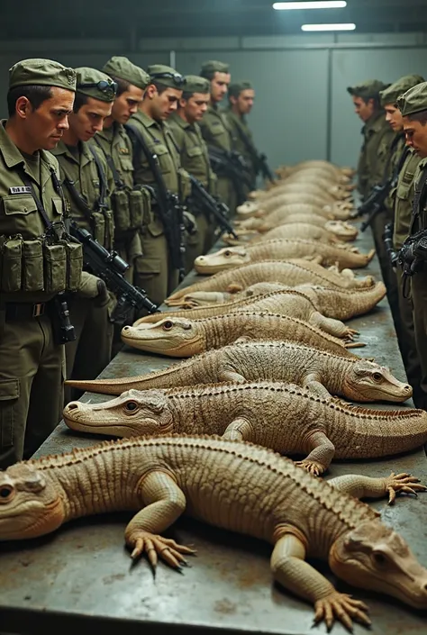 "A group of armed rangers or soldiers stand in a row, holding rifles, observing a long table filled with massive, lifeless Komodo dragons. The reptiles have detailed, scaly skin with varying shades of brown and beige, appearing as if they were recently cap...