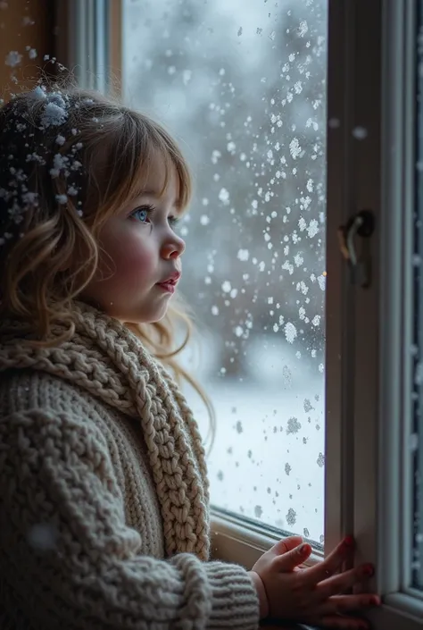 "On a cold, snowy day, from the outside of a cozy house, a small, sweet girl can be seen through the window, gazing out at the falling snow. The window is slightly fogged from the cold, with snowflakes gently covering the ground outside. Inside, the warm g...