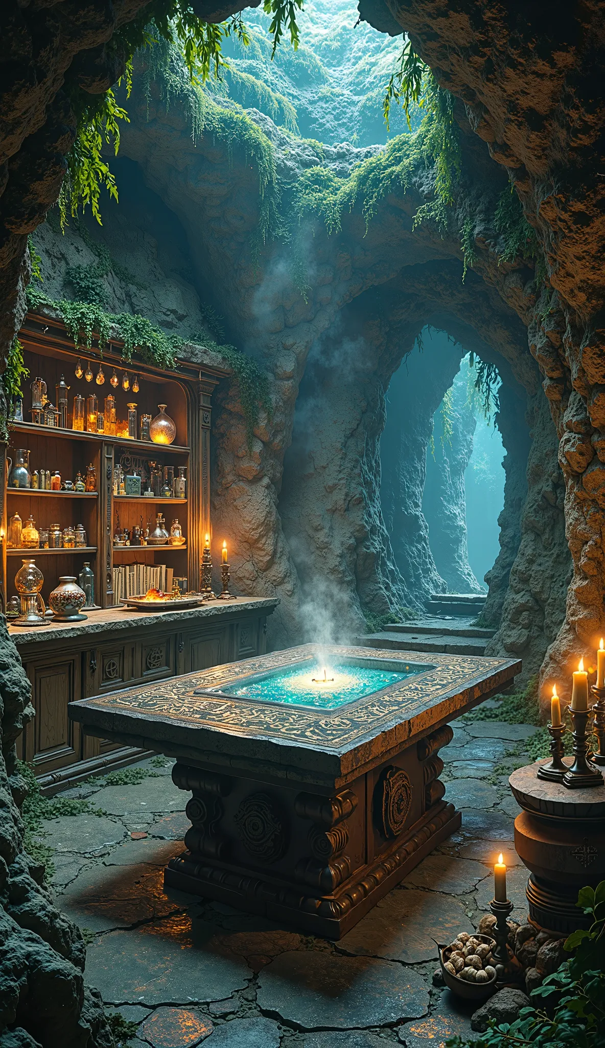 In a secluded grotto deep beneath the earth, the alchemy lab stands as a testament to the union of nature and human ingenuity. The walls, carved from ancient granite, are slick with moisture and adorned with luminous moss that emits a gentle, otherworldly ...