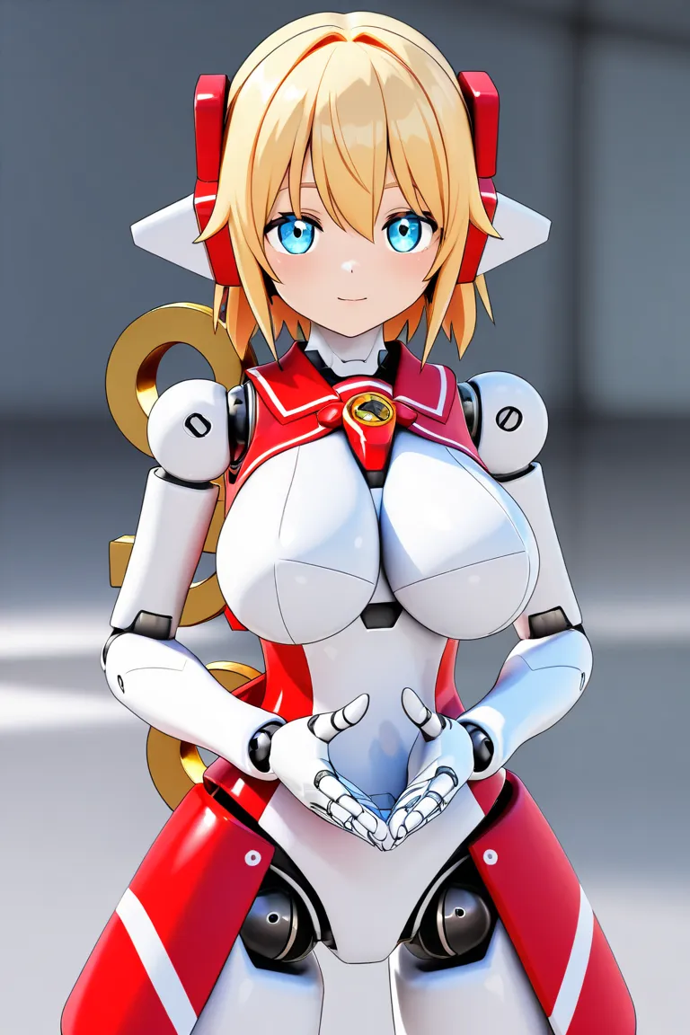 anime style, 1girl, younger female, big breasts, humanoid robot, doll joints, mecha musume, winding key, kuudere, cute, 3d, perfect hands, high resolution, high quality, hd