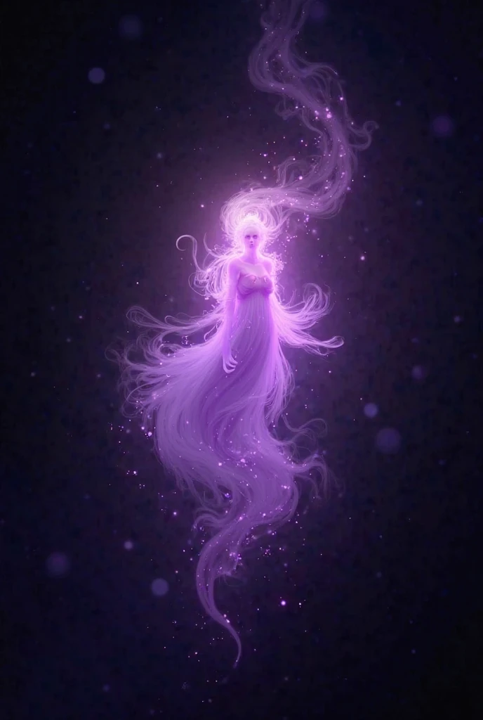 A floating soul in the color purple and transmitting a surrounding purple aura, and black background with dimensions of 2560 x 1440