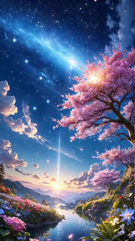  beautiful nature  ,Beautiful sky\,mystical flowers々 ,fantasy,twinkling mystical light   ,  quality\(8k,  Highly Detailed Masterpiece , high resolution,top-  quality, super realistic,   resolution  , RAW photo  ,beste   quality,  High precision \)