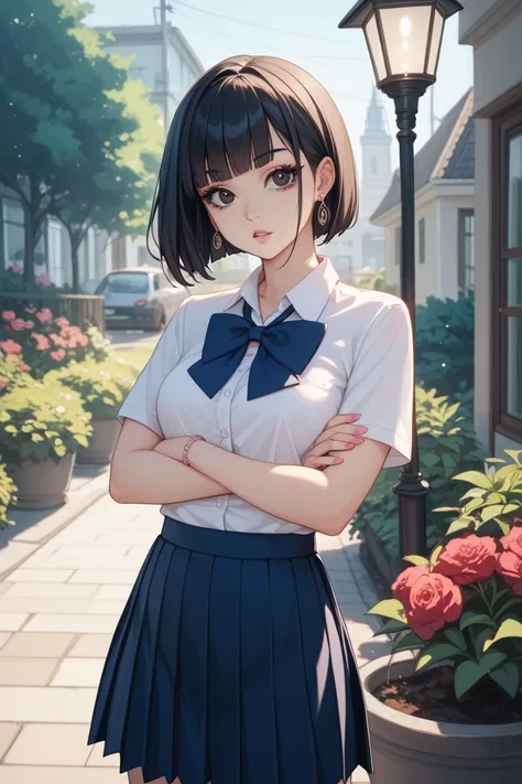   1girl  , black bob-cut hair, bangs, sharp eyes, long eyelashes,fair skin, cool and unapproachable look, multiple earrings, slender but well-proportioned physique, height 150cm,  black eyeliner、 dark eyes、 pink nails 、ring、 thin eyebrows、 thin eyebrows、赤い...