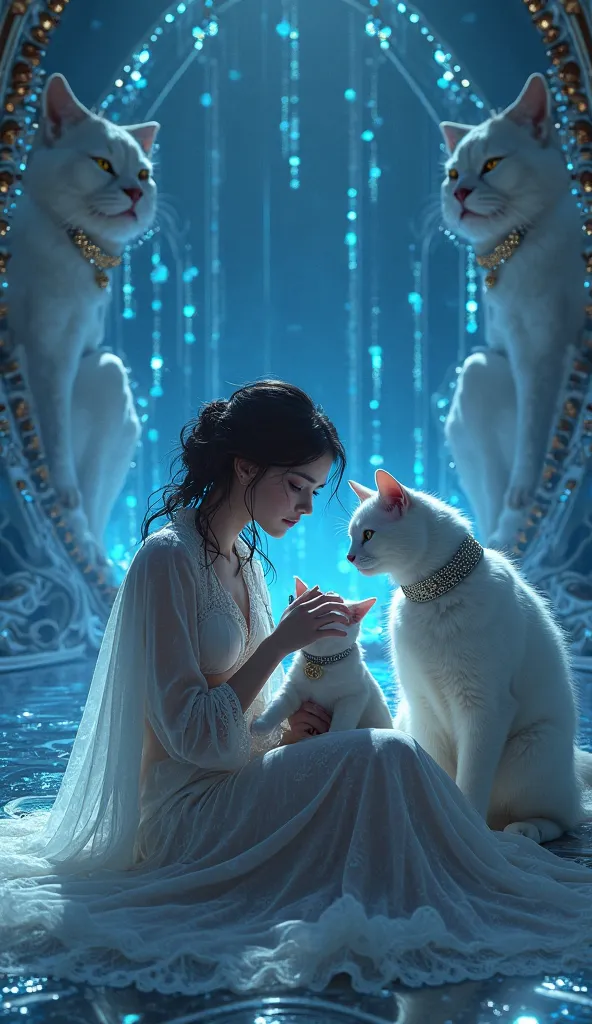 In a diamond palace+ dark blue and blue diamonds+ beautiful girl +gothic glamour style+Lace underwear +lightweight translucent cape.A girl strokes a cat.2 big white cats with diamond collars.