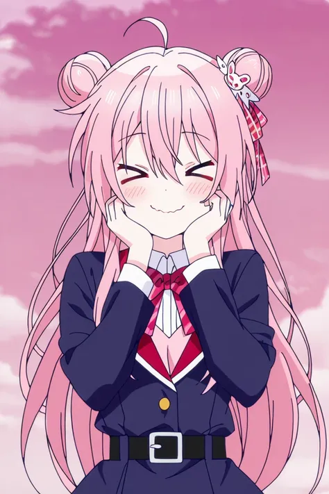 1girl, satou matsuzaka \(happy sugar life\), anime screencap, masterpiece, best quality, A young woman dressed in cosplay poses confidently against pink background. giving her a playful, demonic look. This is a side-by-side photograph of a young, hair in t...