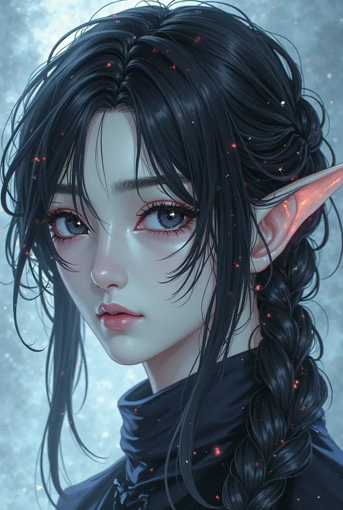 A MANGA FIGURE, A MAN WITH DARK EYES WITH A SWEET FACE, ELF EARS, LONG BLACK HAIR IN A BRAID, A COOL ATMOSPHERE, WHITE SKIN ON THE EDGES OF THE EYES.