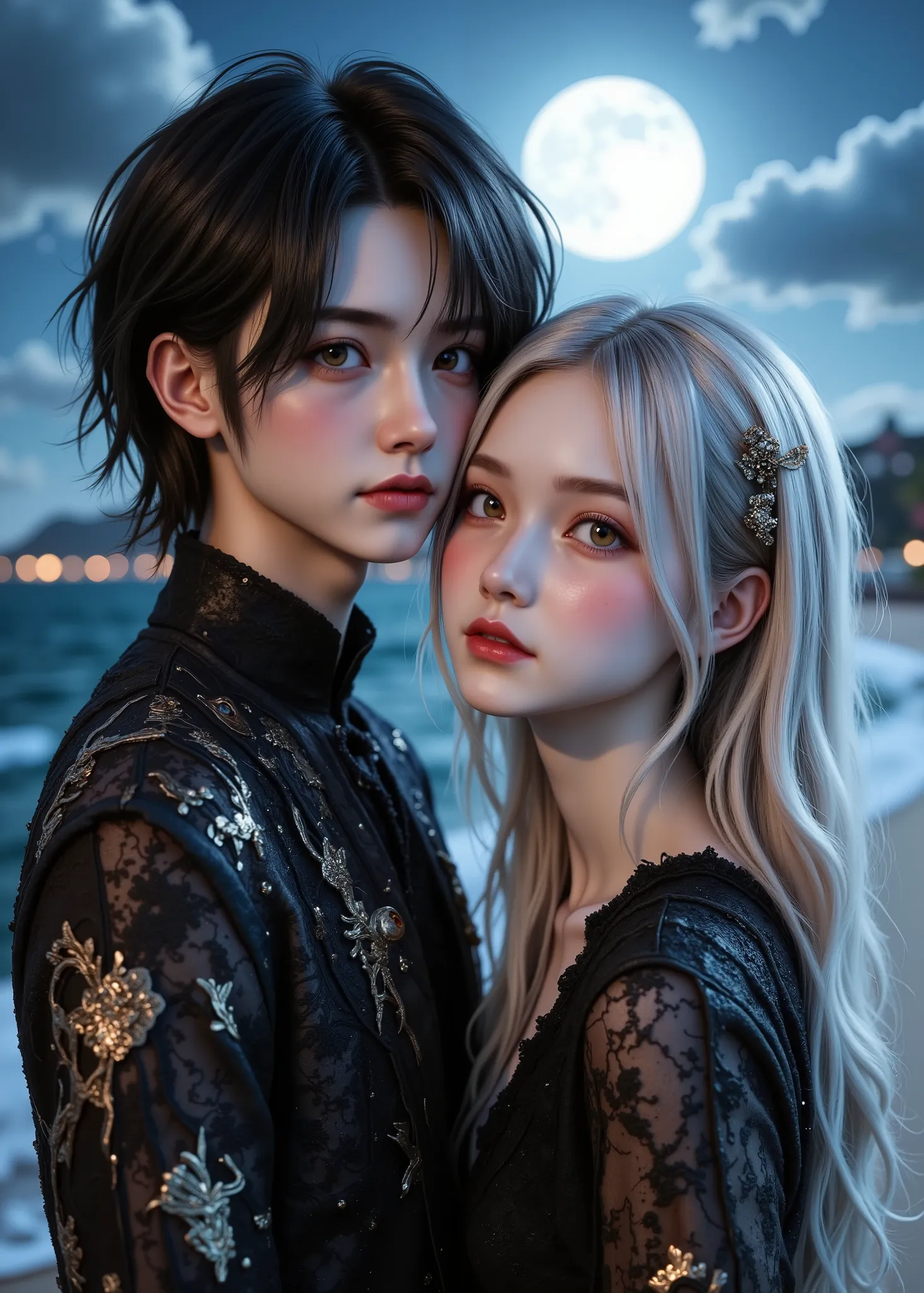    Realistic and authentic-oriented 、 creates a retro vibe Jack and Sally exudes a retro vibe   ,    Jack's short regent without losing black hair 、 Sally's twirling silver hair 、Jack's Brown Eyes 、Sally's green eyes  、  Beautiful, spotless skin   、resort ...