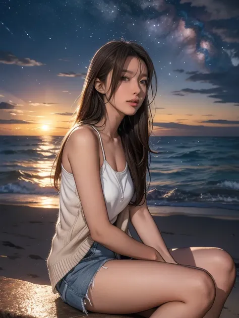 "A young woman in her 20s sitting on a quiet beach at night, gazing at the starry sky with a melancholic expression. She wears a light camisole and denim shorts, with a sheer long cardigan flowing gently in the breeze. The warm glow of the setting sun has ...