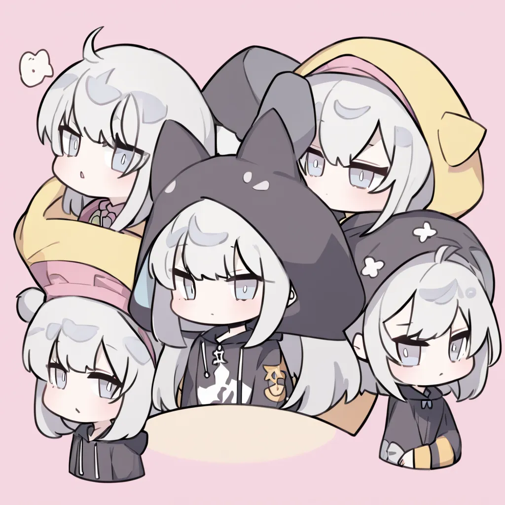 cute　 girl　 Silver Hair　 wearing a black hoodie that is 4 times the size of his head 　 spats　 and is wearing a hood　 light blue eyes　cute　Icon Image　The personification of Sacabambuspice