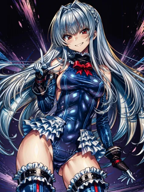 perfect anatomy, highest quality, marierose,evil smile,provocative attitude
,),evil smile,anime style,(ruffle swimsuit, Thighhighs, removed sleeve), (anime style:1.4) ,
silver hair,(white fingers:1.1,black gloves),very long hair,evil aura,