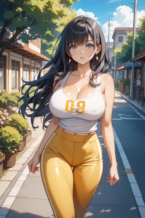 perfect lighting during study、Glossy Skin、(  one girl、  beauty、 Big Breasts)(  White Shiny Skin 、Eyes are golden、 tank top 、   jersey pants、 black hair、   long hair、 My hair is shiny、Runningシューズ )、(outside、early morning)、( stroll、Running、 is running on the...