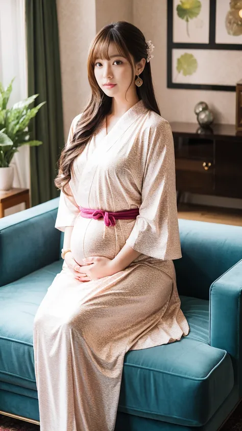 masterpiece, Best Quality, 8K,looking at the viewer,Japanese Lady,20 years old, huge pregnant, Voluptuous, luxury living room background, Korean hanbok, shoulder length hair with fringe, sitting