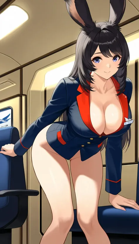   score_9,  score_8_up ,  score_7_up , sup er detailed,  BREAK Complete Anatomy   ,     Beautiful face and eye details are curved forward ,  1 Viera girl  ,    nudity. cabin attendant、Alluring、 undress、 black hair,    straight hair ,amount,smile,  erotic c...