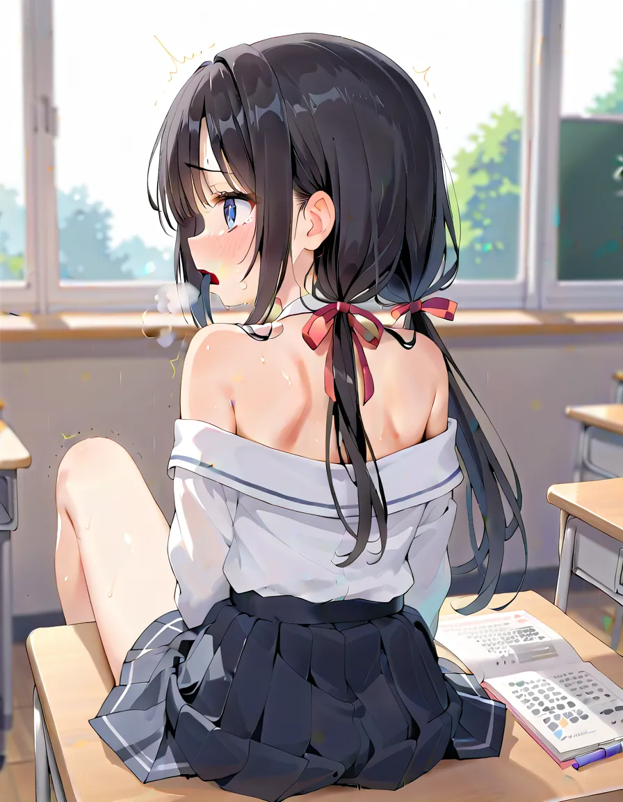 (masterpiece,beautiful,hughres,CG,8k,16k,best quality,high-resolution,detailed eyes:1.5),anime,source anime,illustration,(pale colour:1.2),(back shot:1.8),(upper body),(schools,classroom, on the desk :1.4),( 1girl ,cute girl,Alone,loli,Young,Baby Face,roun...