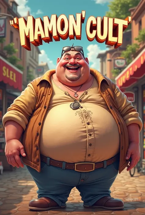 Create a poster with a fat man whose belly peeps out of under his shirt and is happy, and the caption “be cool join the mamon cult”