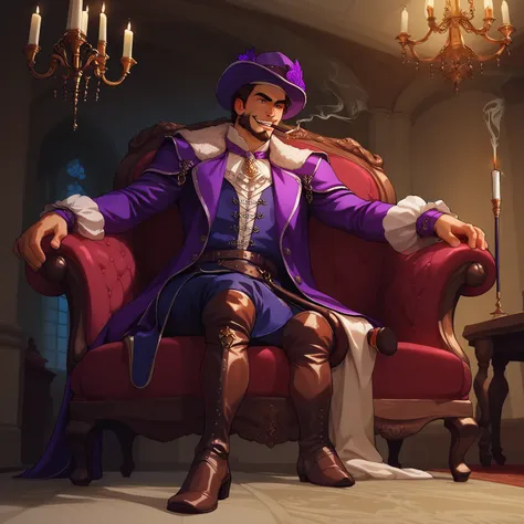 portrait of a pimp sitting in plush fantasy couch, (inside medieval brothel background), score_9, score_8_up, score_7_up, leather boots, medieval purple trenchcoat, (holding walking cane with bronze decoration), purple wide-rimmed hat, (leopard fur hat), 1...