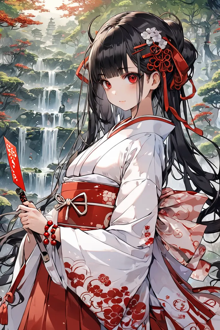  A woman who is a Japanese demon exorcist , A shrine maiden in a white and red costume ,  hairpins（  hairpins）,Hair ornament flower, 背景にA shrine maiden in a white and red costume , white jacket（short sleeves to expose the penis） And red hakama, a tradition...