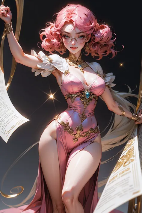 Anime Girl Swallow Costume，Rose Gold Curls，Wearing Round Golden Glasses, Rose Gold Eyes. Govitz Style Art, Stunning Comic Art Style, Charlie Bowater Style, 1  Cute Anime Girl, Delicate Comic Style, Detailed Cartoon Character,  art bud .  High detail, Figur...