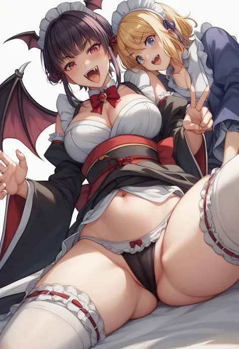 ((Super Detail、 high quality、masterpiece))、Japanese style vampire maid with bat wings１people、Bat wings grow from the backcute巨乳ヴァンパイアメイド(Bat wings grow from the back、 flapping the wings of a pair of big bats 、Five fingers on a hand)、Japanese style maid out...