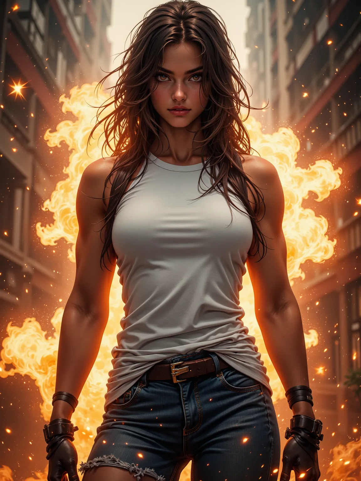 A bold and skilled female wrestler with oily skin，Only 23 years old，excels at acting alone， muscular lines marked ，energetic female character，wearing a white sleeveless T-shirt and short jeans，(fierce passion:1.2)