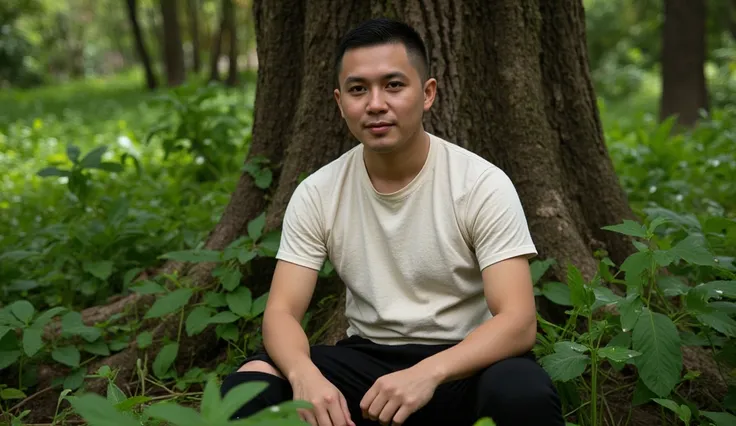 photography, professional photo, 40 year old man from Indonesia, short hair, wearing a worn white t-shirt, black pants, sitting in the forest, big tree, bushes, weeds, detail