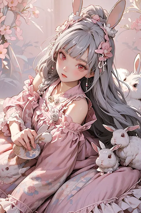  character、cute、details、 gray hair long、         Red Eye、         princess、          long bangs、        Anime Style   、     frill dress、((      pink clothes )).().((     Different angles    )).((     beautiful floral hair ornament     ))、((playing with rab...