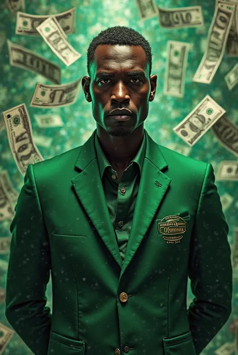 Create an avatar In green tones and money is scattered in the background and add text in the middle of Empire Lacoste 