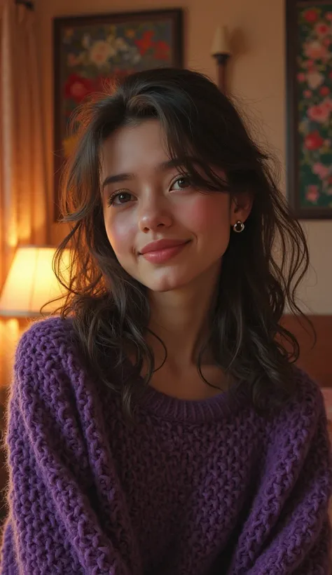 Sofia wearing a purple sweater is met with a small smile and in the back is her apartment. 