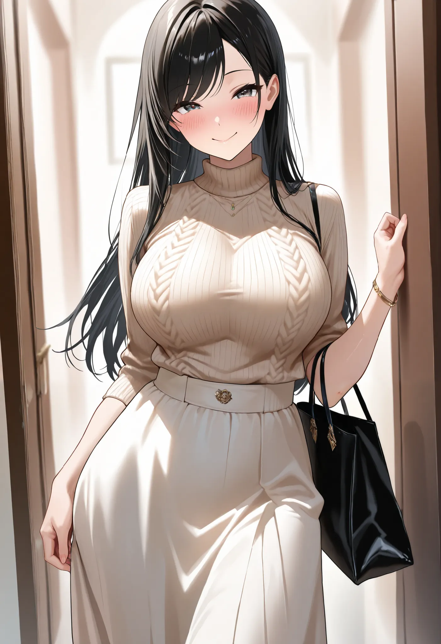 (best quality, masterpiece, ultra detailed, high resolution), Beautiful 8K CG artwork, Enriched photography, anatomically accurate body, depth of field,  1girl, elegant yet sexy girl, (long hair, black straight hair, swept bangs), 
round large breasts, bre...