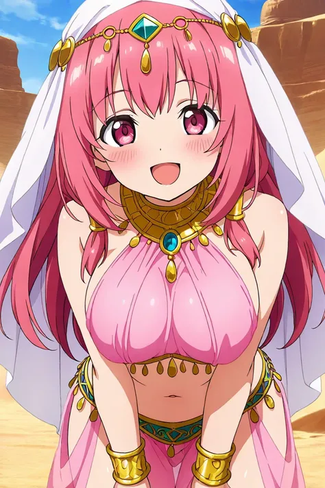 anime screencap, 1girl, solo, looking at viewer, cowboy shot, leaning forward, harem outfit, pink clothes, midriff, navel, head accessories, bangle, veil, pink hair, long hair,pink eyes, large breasts, smile, blush, open mouth, belly dance, desert