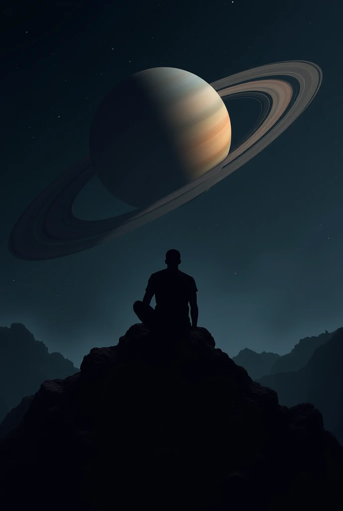 La silhouette noire d'un homme qui est assis sur un astéroïde dans l'espace, derrière lui il y a saturne et le logo su label saturn citizen 