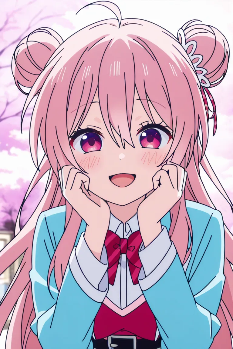 1girl, satou matsuzaka \(happy sugar life\), anime screencap, masterpiece, best quality, A young woman dressed in cosplay poses confidently against pink background. giving her a playful, demonic look. This is a side-by-side photograph of a young, light pin...