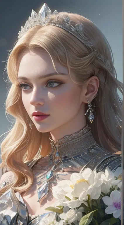 tmasterpiece，Highest high resolution，Dynamic bust of beautiful royal lady，Long blonde hairstyle，Gray clear eyes，The hair is covered with beautiful and delicate floral craftsmanship, Crystal jewelry filigree，Ultra-detailed details，upscaled。