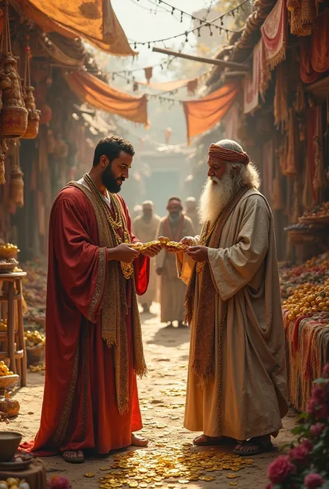 Scene 1: The Merchant’s Wish

Prompt:
"A bustling ancient marketplace filled with merchants, colorful fabrics, golden coins, and exotic goods. In the center, a wealthy middle-aged man with a neatly trimmed beard, wearing luxurious silk robes and golden jew...