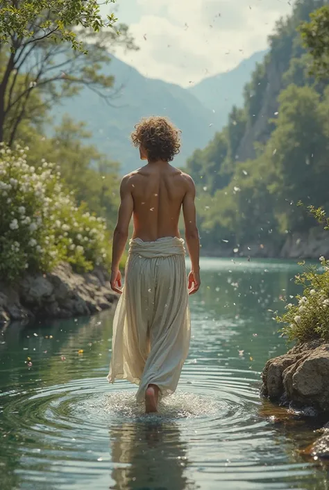 Narcissus from Greek mythology walking near a river.