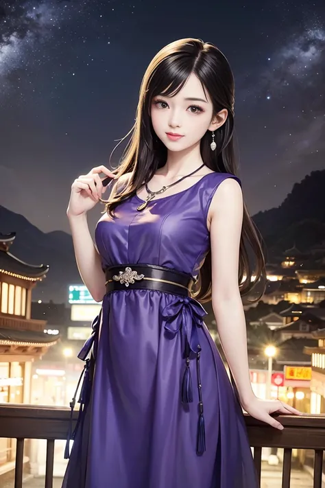 Top Quality、  masterpiece、  HD 、   young beautiful woman、perfect face with fingers 、Brown-black long hair  、  perfect style 、I'm wearing a light purple dress、 earrings、 necklace、 Long, narrow eyes、 look at me and smile、 night sky、 starry sky 、Shining Star、...