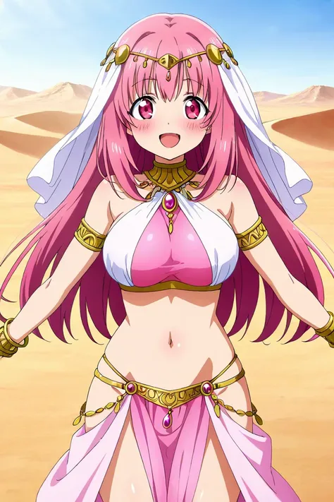 anime screencap, 1girl, solo, looking at viewer, cowboy shot, harem outfit, pink clothes, midriff, navel, head accessories, bangle, veil, pink hair, long hair,pink eyes, large breasts, smile, blush, open mouth, spread arms , desert