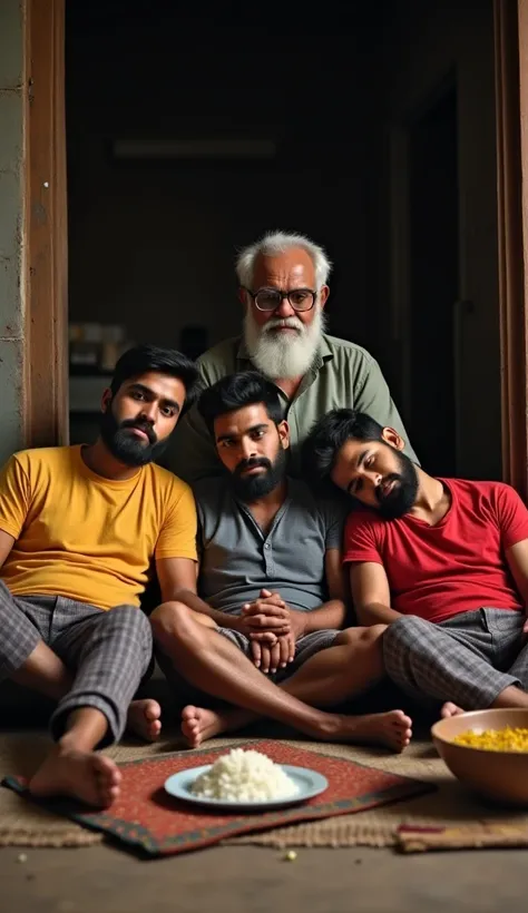 Here’s a detailed prompt to generate a similar hyper-realistic image:

Prompt:
"A hyper-realistic, ultra-clear image of a rural home interior where three young bearded men are sitting on the floor, leaning on each other while resting. One wears a yellow T-...